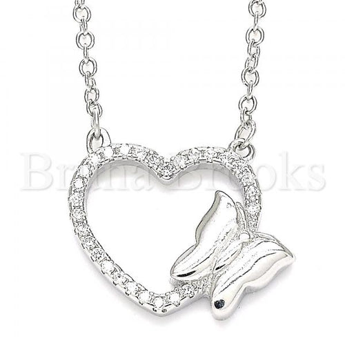 Bruna Brooks Sterling Silver 04.336.0189.16 Fancy Necklace, Heart and Butterfly Design, with White Crystal, Polished Finish, Rhodium Tone