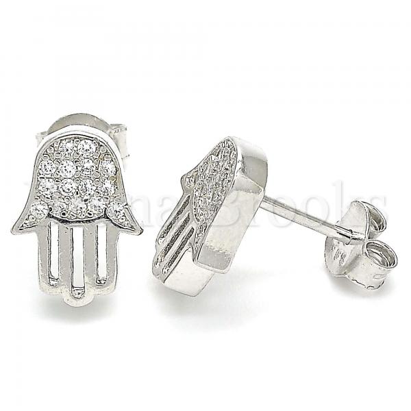 Sterling Silver Stud Earring, Hand of God Design, with Cubic Zirconia, Rhodium Tone