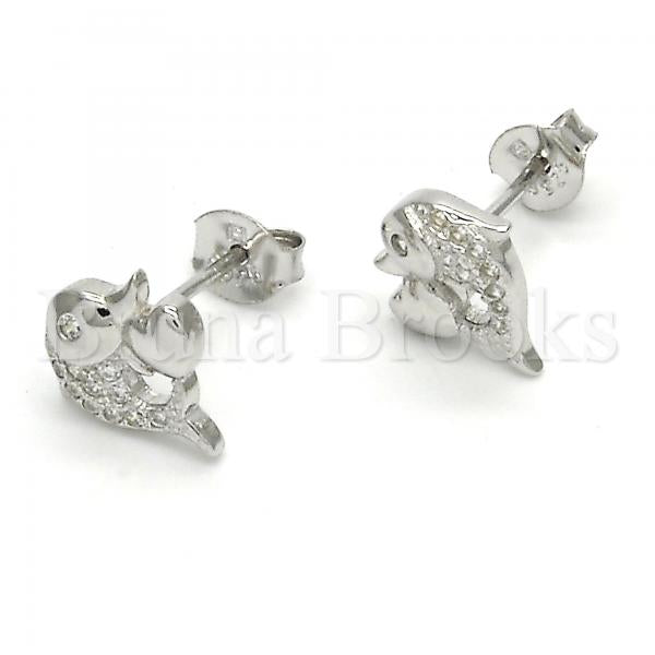 Sterling Silver 02.285.0039 Stud Earring, Dolphin and Heart Design, with White Cubic Zirconia, Polished Finish,
