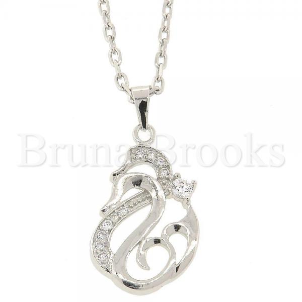 Bruna Brooks Sterling Silver 04.183.0001 Fancy Necklace, Rolo Design, with White Micro Pave, Polished Finish, Rhodium Tone