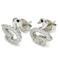 Sterling Silver Stud Earring, Swan Design, with Cubic Zirconia and Crystal, Rhodium Tone