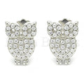 Sterling Silver Stud Earring, Owl Design, with Crystal, Rhodium Tone