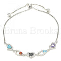 Bruna Brooks Sterling Silver 03.175.0003.11 Fancy Bracelet, Heart and Teardrop Design, with Multicolor Cubic Zirconia, Polished Finish, Rhodium Tone