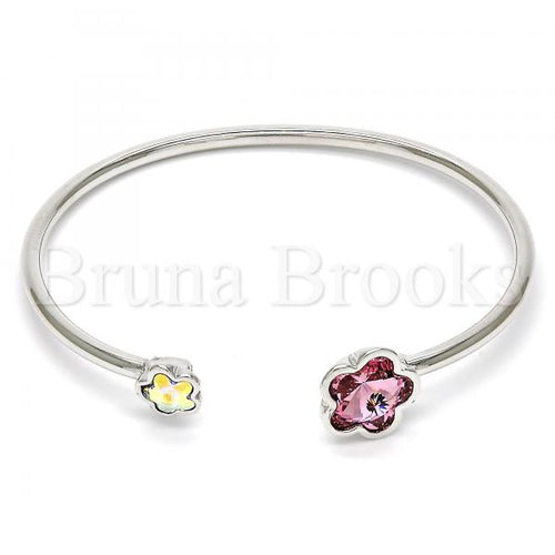 Rhodium Plated Individual Bangle, Flower Design, with Swarovski Crystals, Rhodium Tone