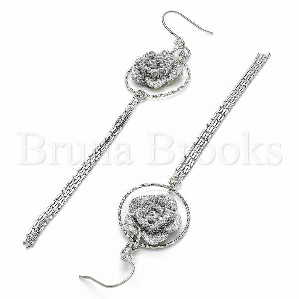 Sterling Silver 02.367.0004 Long Earring, Flower Design, with White Crystal, Polished Finish, Rhodium Tone