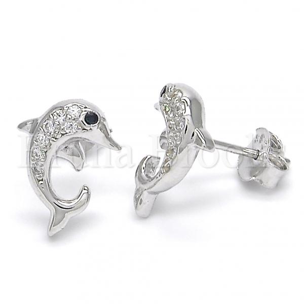 Sterling Silver Stud Earring, Dolphin Design, with Cubic Zirconia, Rhodium Tone