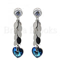 Rhodium Plated Long Earring, Heart and Leaf Design, with Swarovski Crystals and Cubic Zirconia, Rhodium Tone