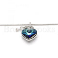 Rhodium Plated 04.239.0015.16 Fancy Necklace, Heart and key Design, with Bermuda Blue Swarovski Crystals and White Micro Pave, Polished Finish, Rhodium Tone