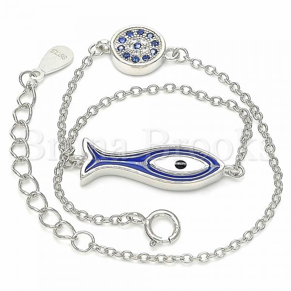 Sterling Silver 03.336.0078.07 Fancy Bracelet, Fish Design, with Sapphire Blue and White Micro Pave, Blue Enamel Finish, Rhodium Tone
