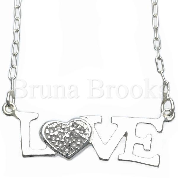Bruna Brooks Sterling Silver 04.203.0009.18 Basic Necklace, Love and Heart Design, with White Cubic Zirconia, Silver Tone