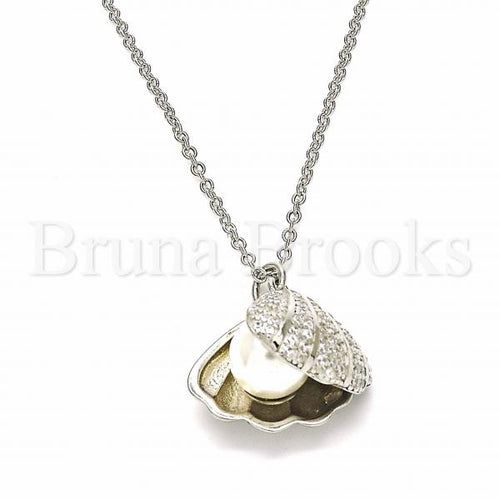 Bruna Brooks Sterling Silver 04.336.0129.16 Fancy Necklace, Shell Design, with White Micro Pave and Ivory Pearl, Polished Finish, Rhodium Tone